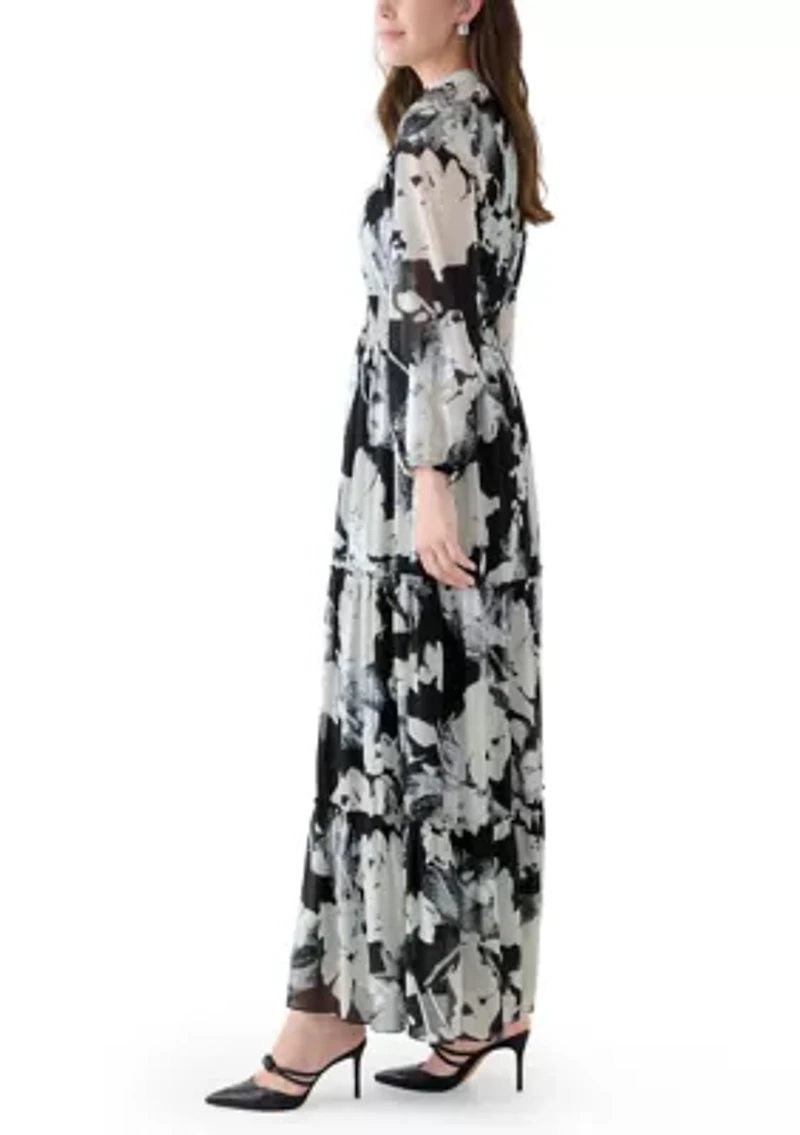 Women's Long Sleeve Floral Print Chiffon A-Line Dress