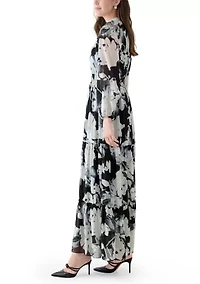 Women's Long Sleeve Floral Print Chiffon A-Line Dress