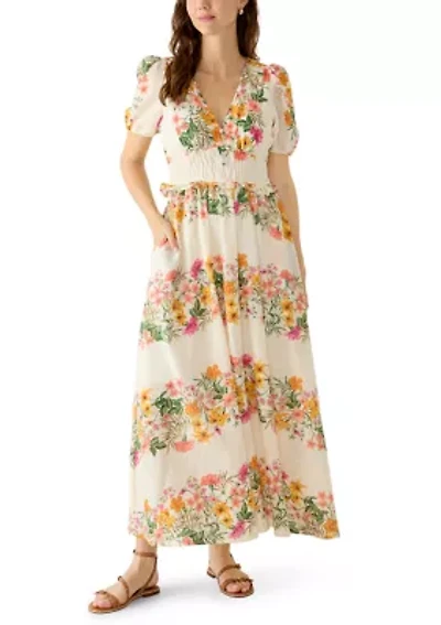 Women's Floral Placement Linen Maxi Dress