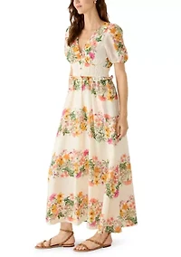 Women's Floral Placement Linen Maxi Dress