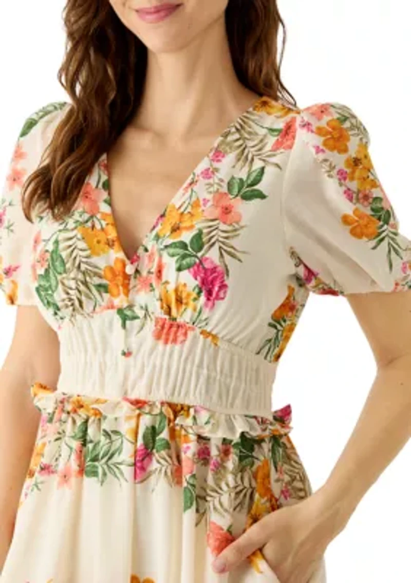 Women's Floral Placement Linen Maxi Dress