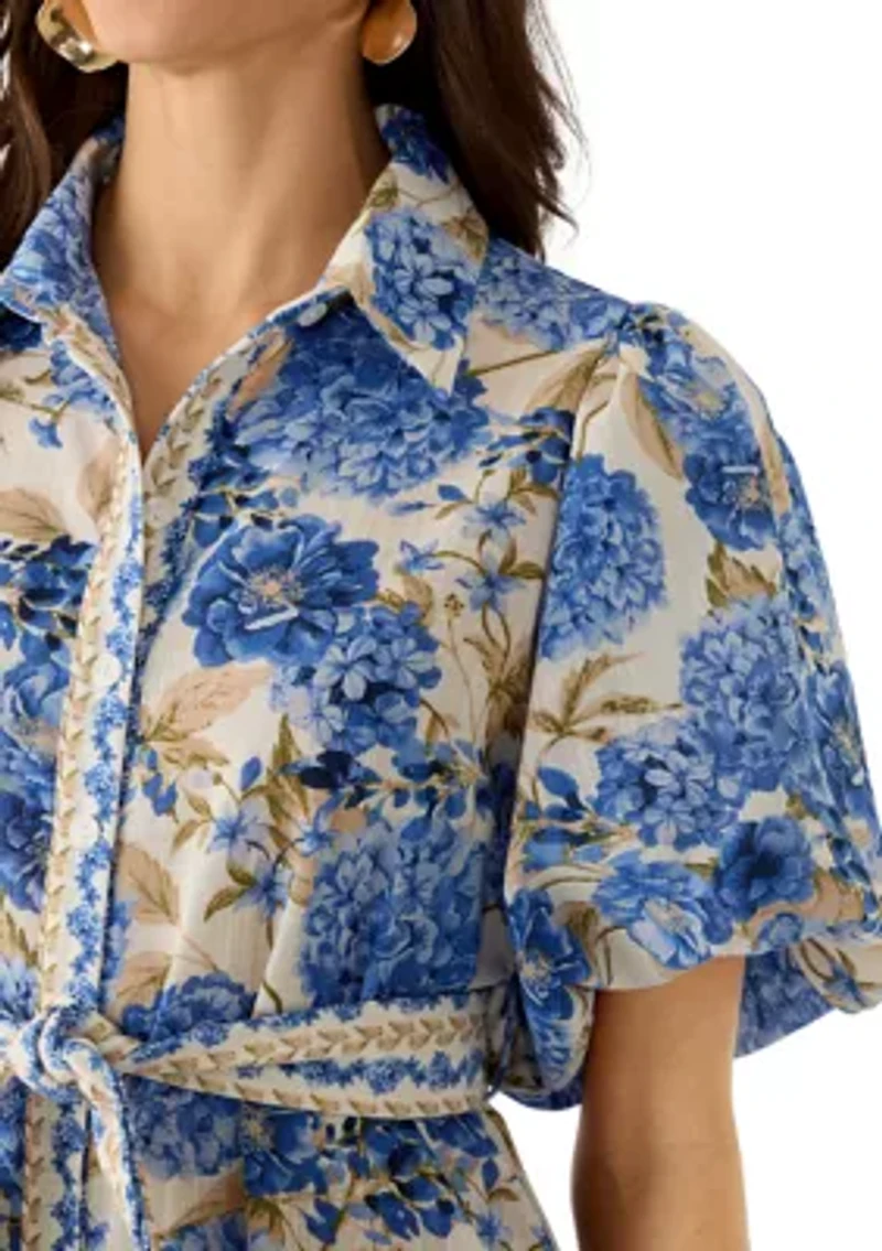 Women's Floral Tie Waist Midi Shirtdress