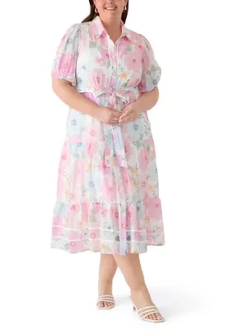 Plus Short Puff Sleeve Printed Chiffon Shirt Dress