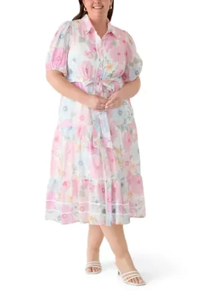 Plus Short Puff Sleeve Printed Chiffon Shirt Dress