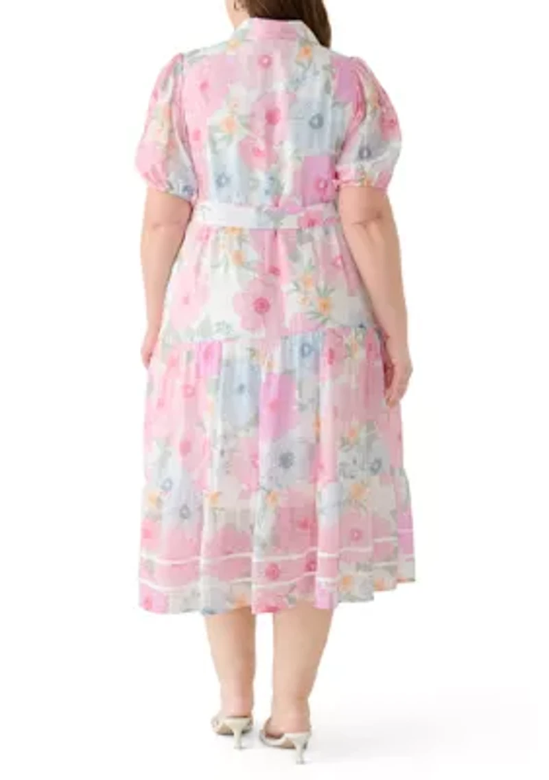 Plus Short Puff Sleeve Printed Chiffon Shirt Dress