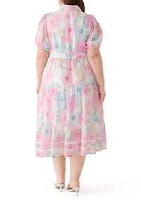 Plus Short Puff Sleeve Printed Chiffon Shirt Dress