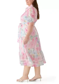 Plus Short Puff Sleeve Printed Chiffon Shirt Dress
