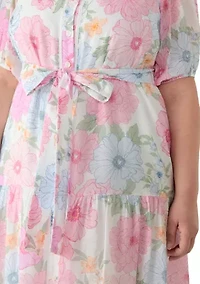 Plus Short Puff Sleeve Printed Chiffon Shirt Dress