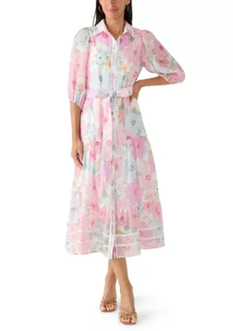 Women's Short Puff Sleeve Printed Chiffon Shirtdress