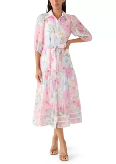 Women's Short Puff Sleeve Printed Chiffon Shirtdress