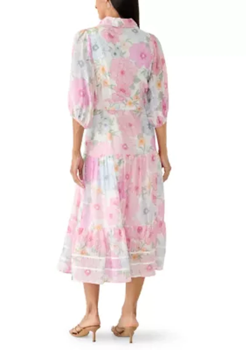 Women's Short Puff Sleeve Printed Chiffon Shirtdress