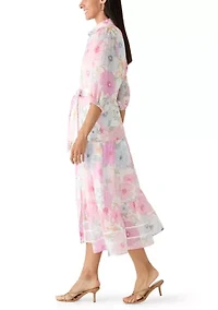 Women's Short Puff Sleeve Printed Chiffon Shirtdress