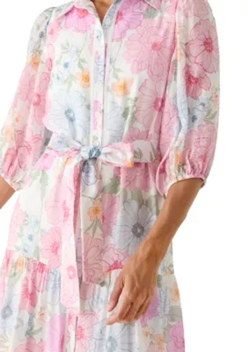 Women's Short Puff Sleeve Printed Chiffon Shirtdress