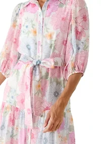 Women's Short Puff Sleeve Printed Chiffon Shirtdress