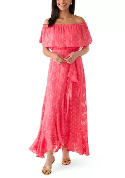 Women's Off Shoulder Clip Dot Maxi Dress