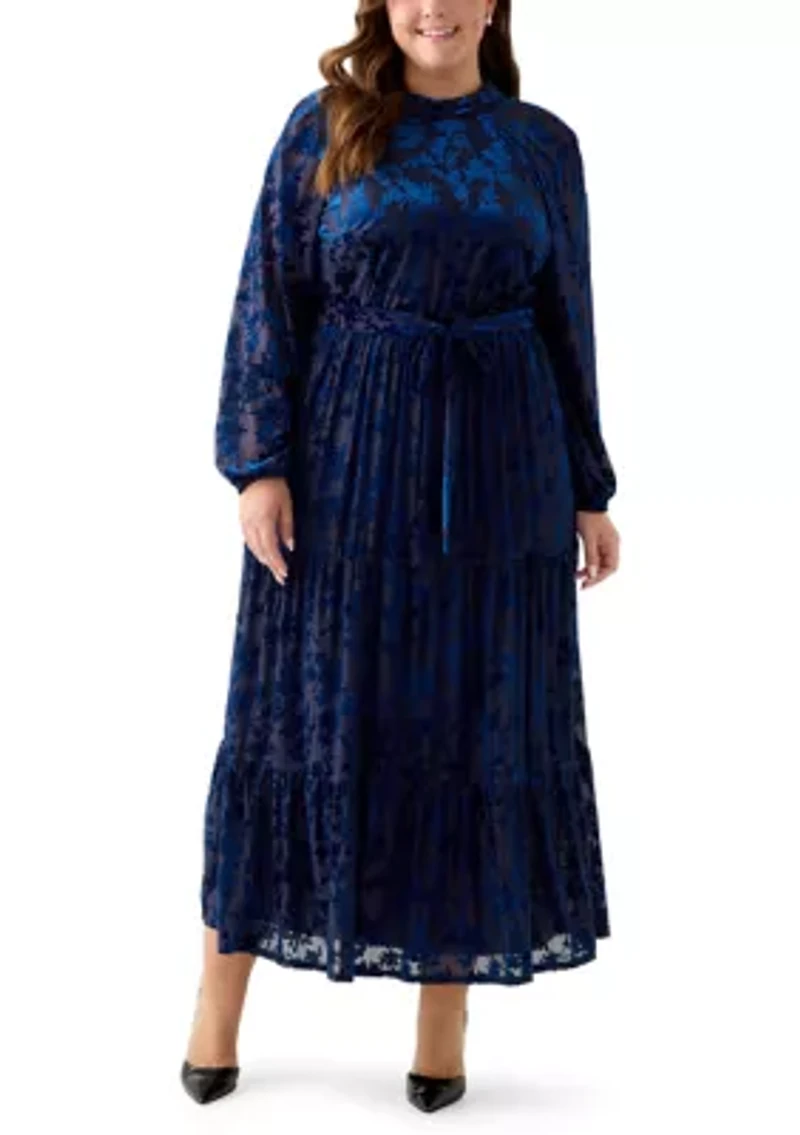 Plus Long Sleeve Mock Neck Velvet Fit and Flare Dress