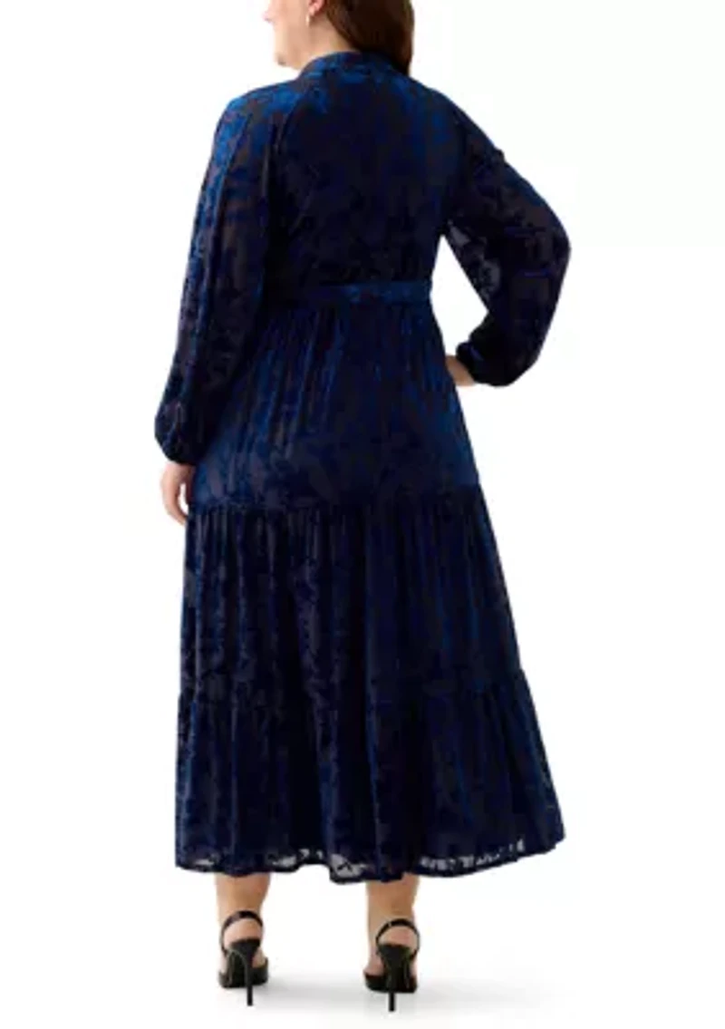 Plus Long Sleeve Mock Neck Velvet Fit and Flare Dress