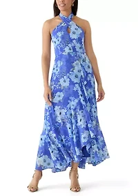 Women's Sleeveless Halter Floral Midi Asymmetrical Ruffle Hem Dress