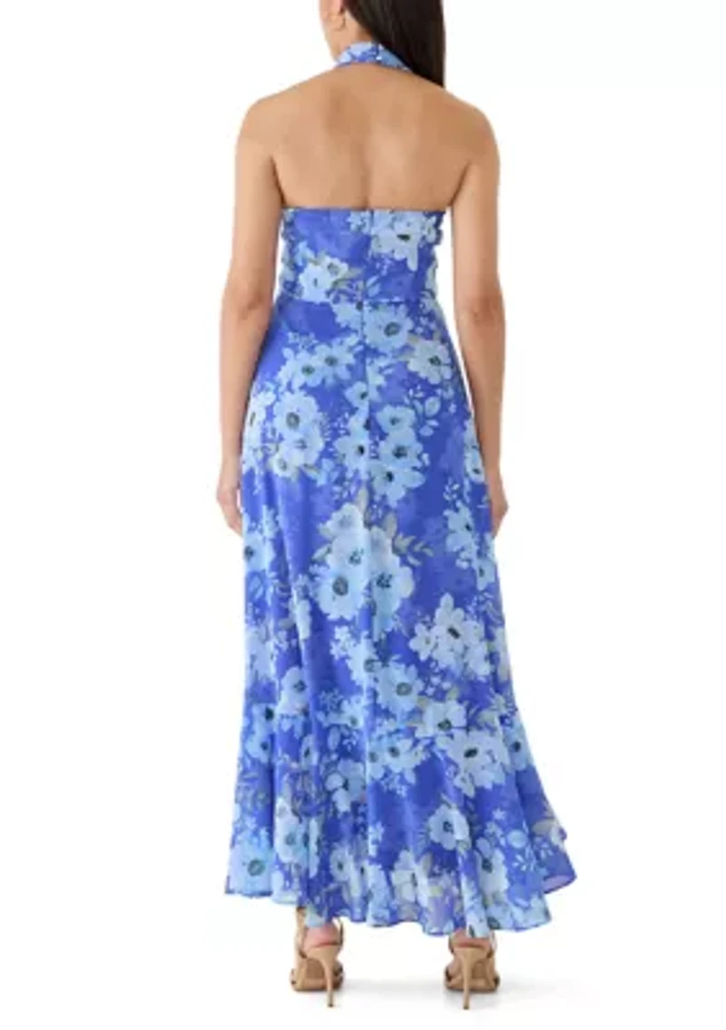 Women's Sleeveless Halter Floral Midi Asymmetrical Ruffle Hem Dress