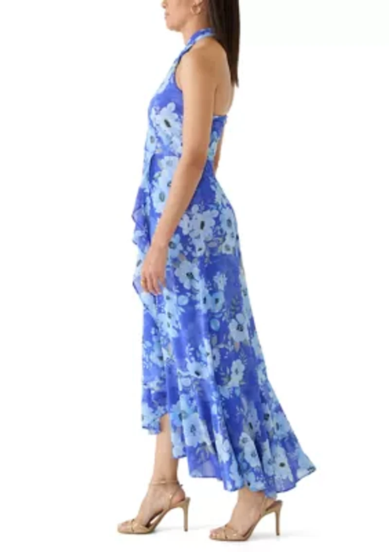 Women's Sleeveless Halter Floral Midi Asymmetrical Ruffle Hem Dress