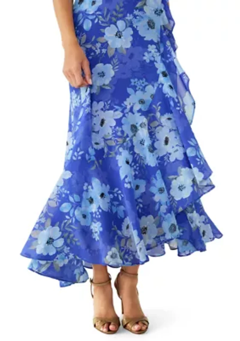 Women's Sleeveless Halter Floral Midi Asymmetrical Ruffle Hem Dress