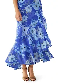 Women's Sleeveless Halter Floral Midi Asymmetrical Ruffle Hem Dress