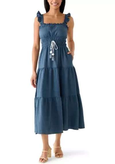 Women's Flutter Sleeve Tiered Denim Midi Dress