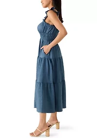 Women's Flutter Sleeve Tiered Denim Midi Dress