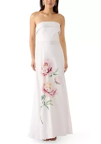 Women's Strapless Placement Print Mikado Midi Dress