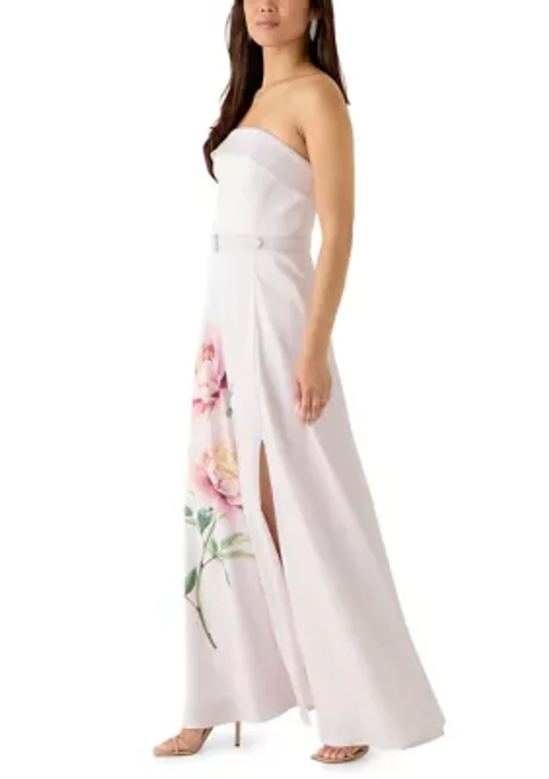 Women's Strapless Placement Print Mikado Midi Dress