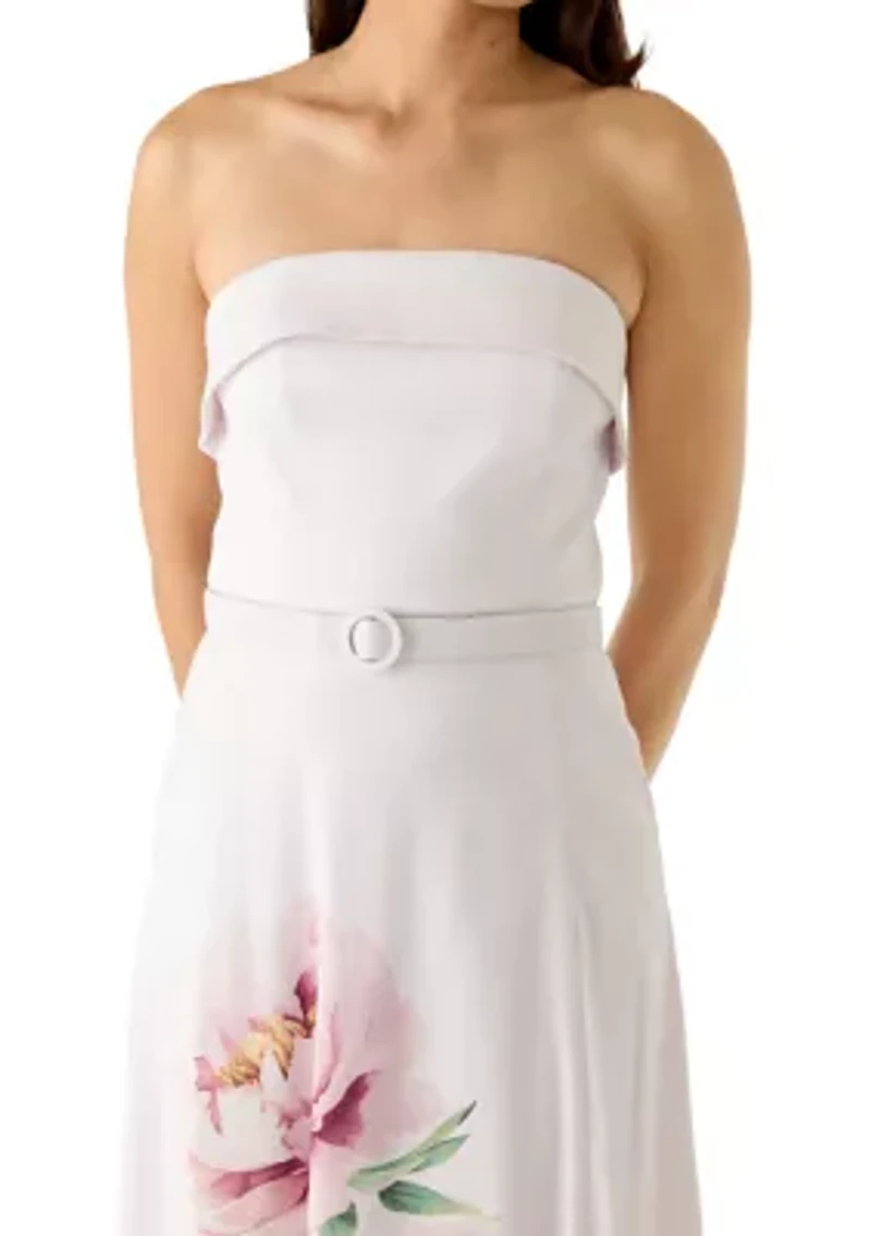 Women's Strapless Placement Print Mikado Midi Dress