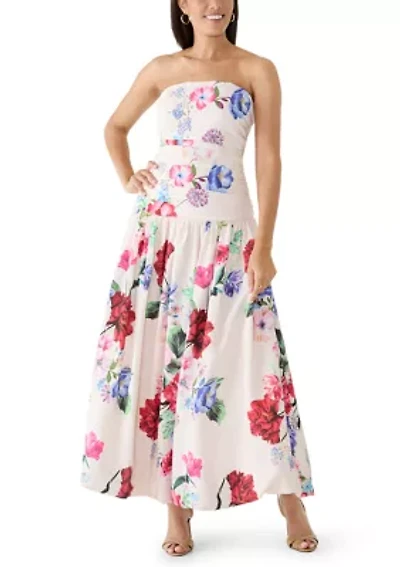 Women's Strapless Pleated Bodice Floral Midi Bubble Dress