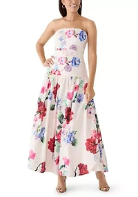 Women's Strapless Pleated Bodice Floral Midi Bubble Dress