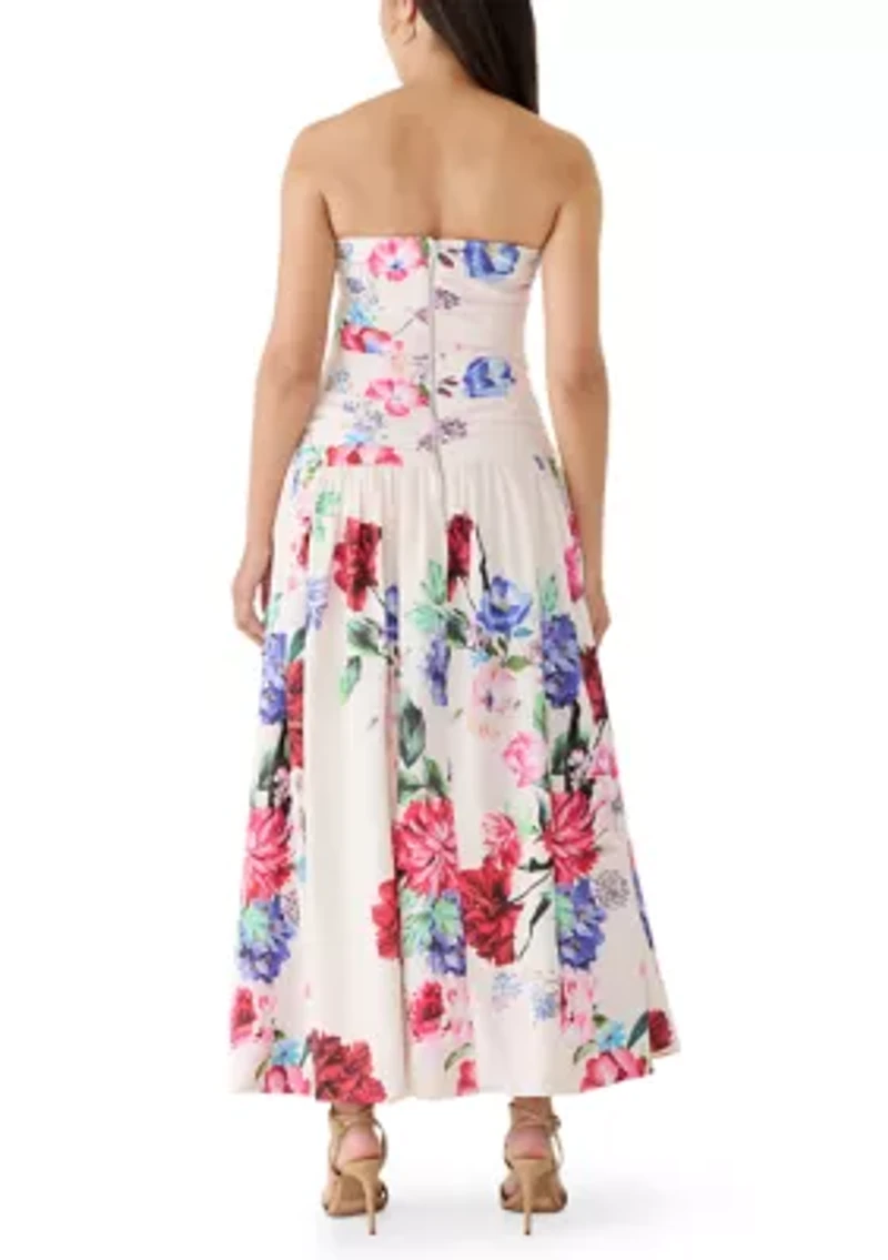 Women's Strapless Pleated Bodice Floral Midi Bubble Dress
