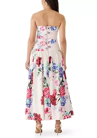 Women's Strapless Pleated Bodice Floral Midi Bubble Dress