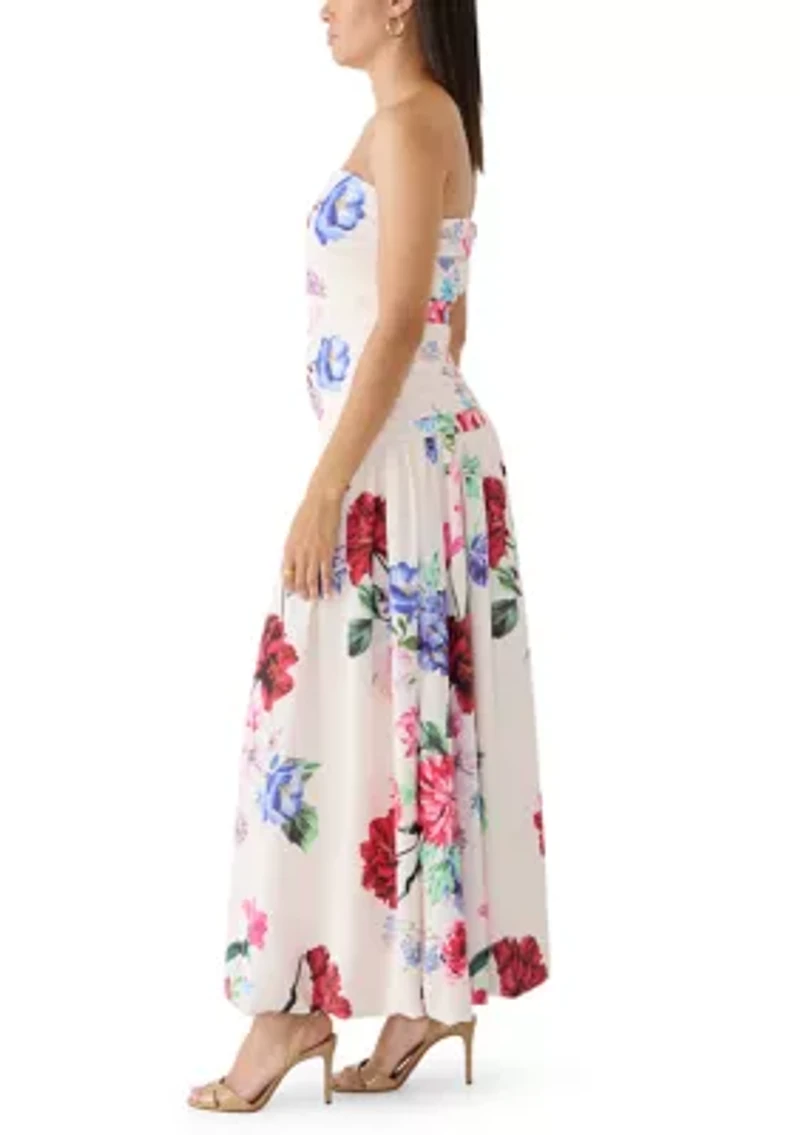 Women's Strapless Pleated Bodice Floral Midi Bubble Dress