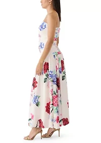 Women's Strapless Pleated Bodice Floral Midi Bubble Dress