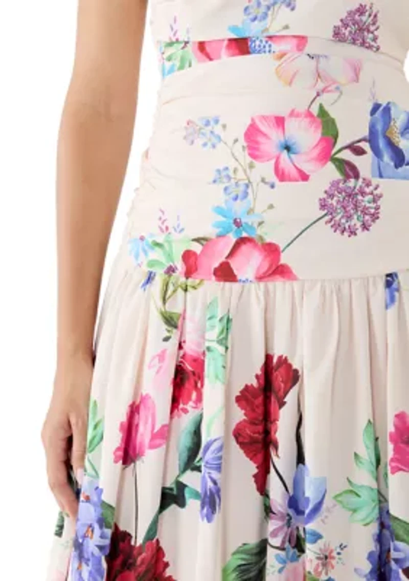 Women's Strapless Pleated Bodice Floral Midi Bubble Dress