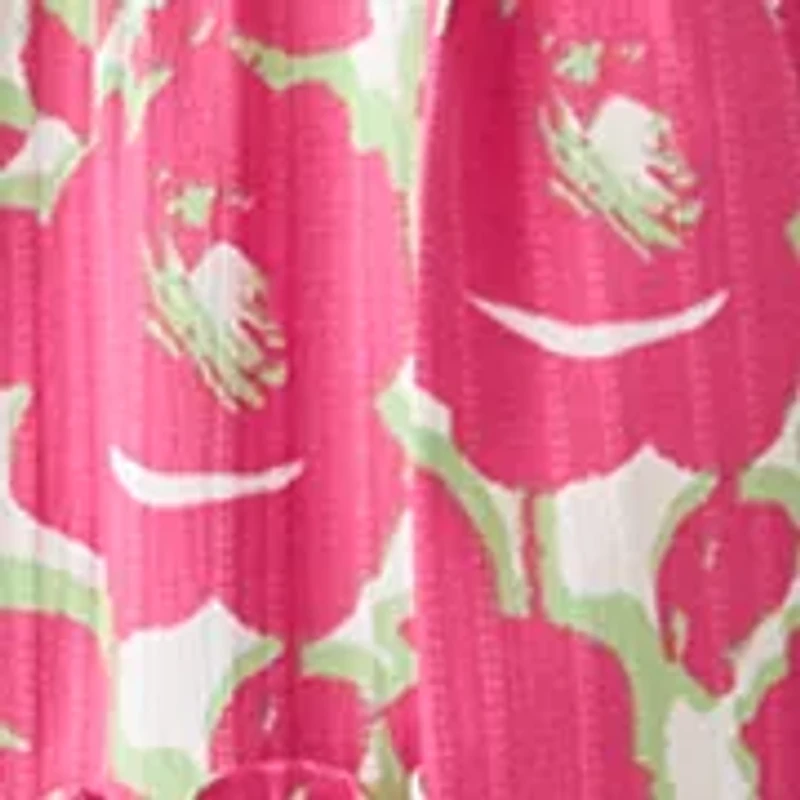 Women's Short Puff Sleeve Printed Linen Midi Dress