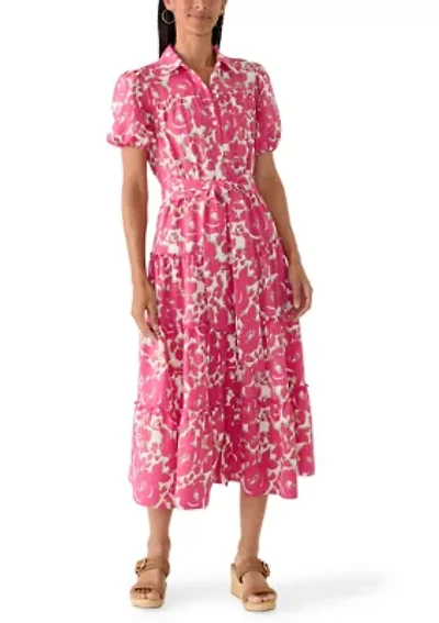 Women's Short Puff Sleeve Printed Linen Midi Dress
