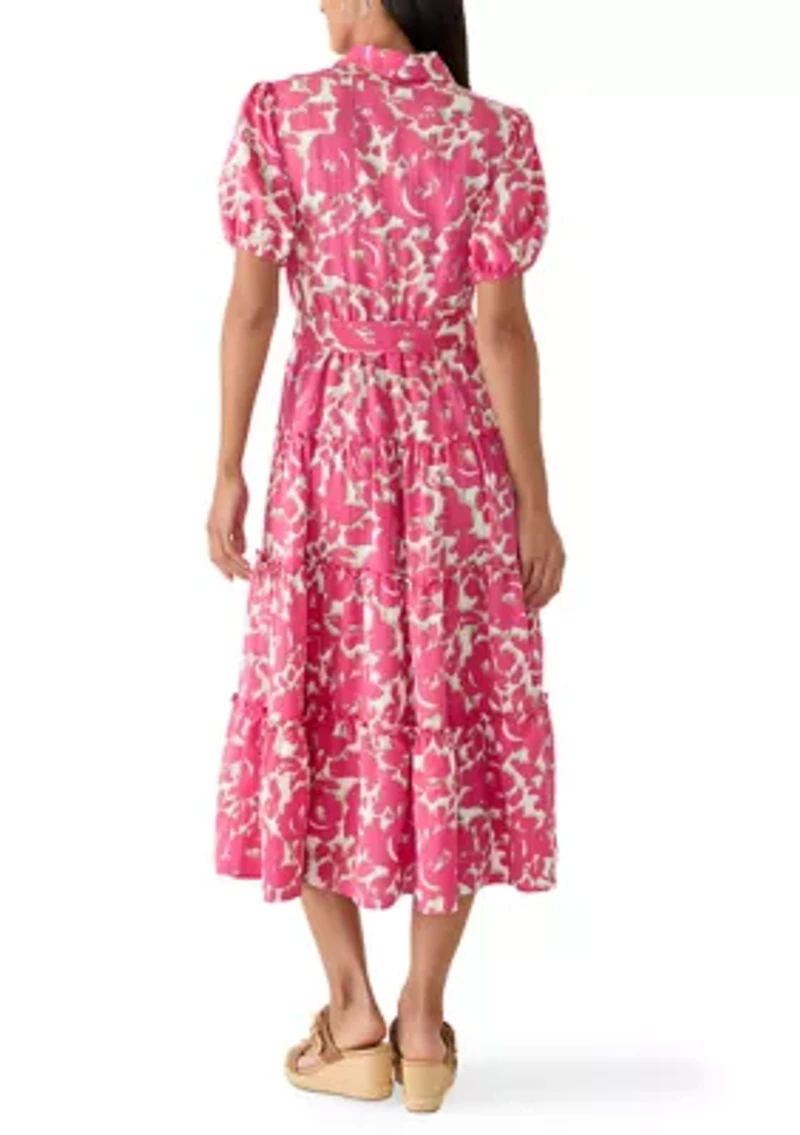 Women's Short Puff Sleeve Printed Linen Midi Dress