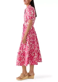 Women's Short Puff Sleeve Printed Linen Midi Dress