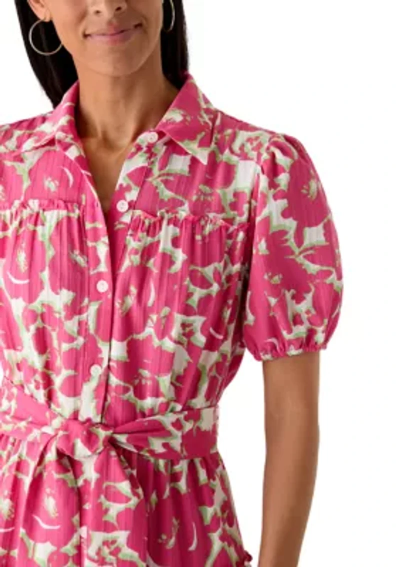 Women's Short Puff Sleeve Printed Linen Midi Dress