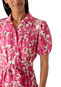 Women's Short Puff Sleeve Printed Linen Midi Dress