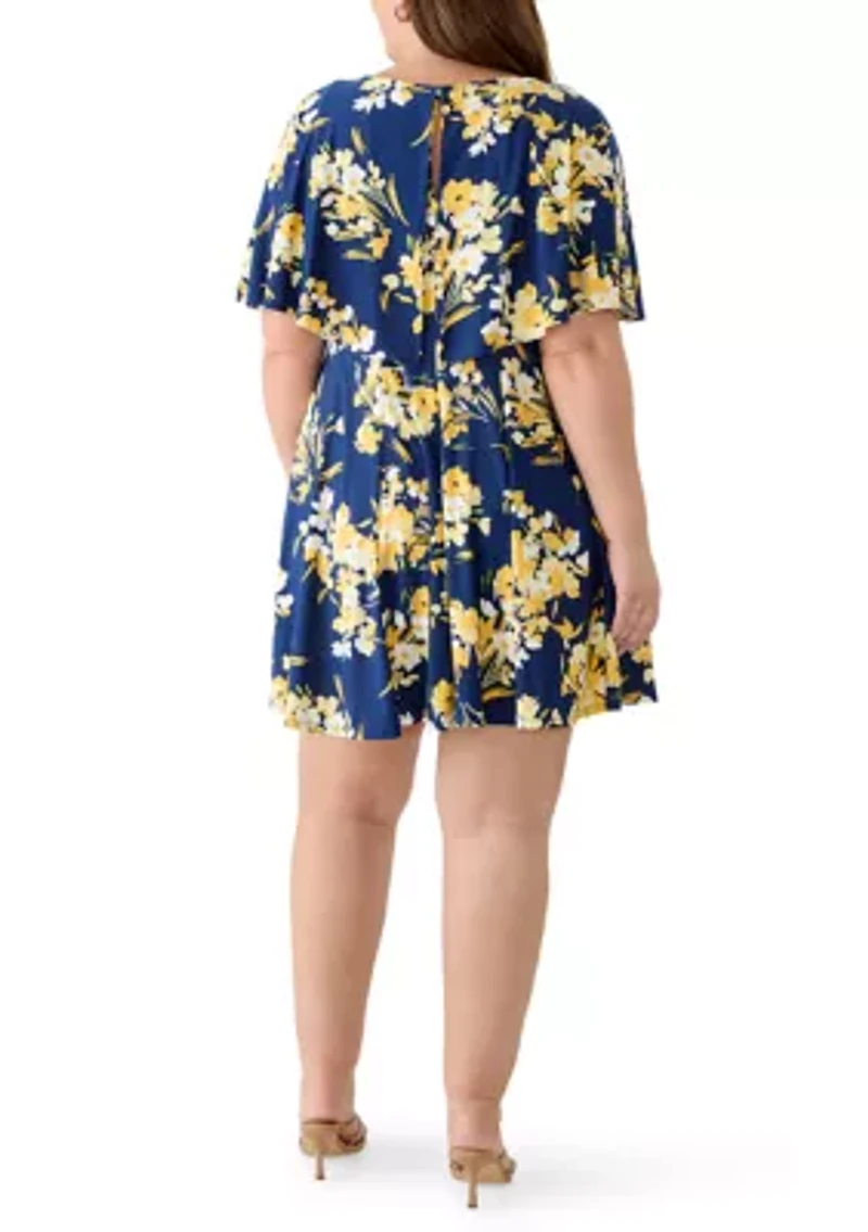 Plus Sleeveless Capelet Printed A-Line Dress