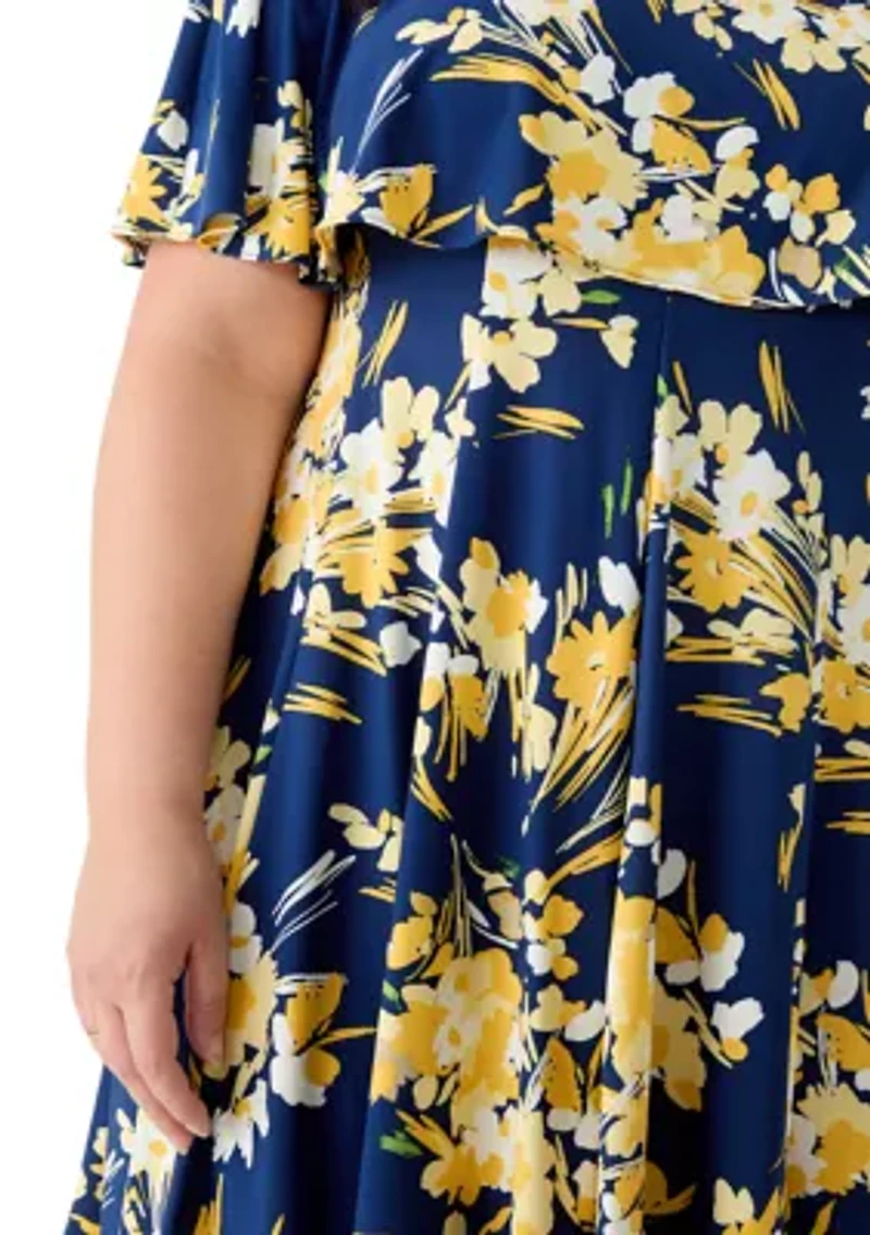 Plus Sleeveless Capelet Printed A-Line Dress