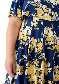 Plus Sleeveless Capelet Printed A-Line Dress