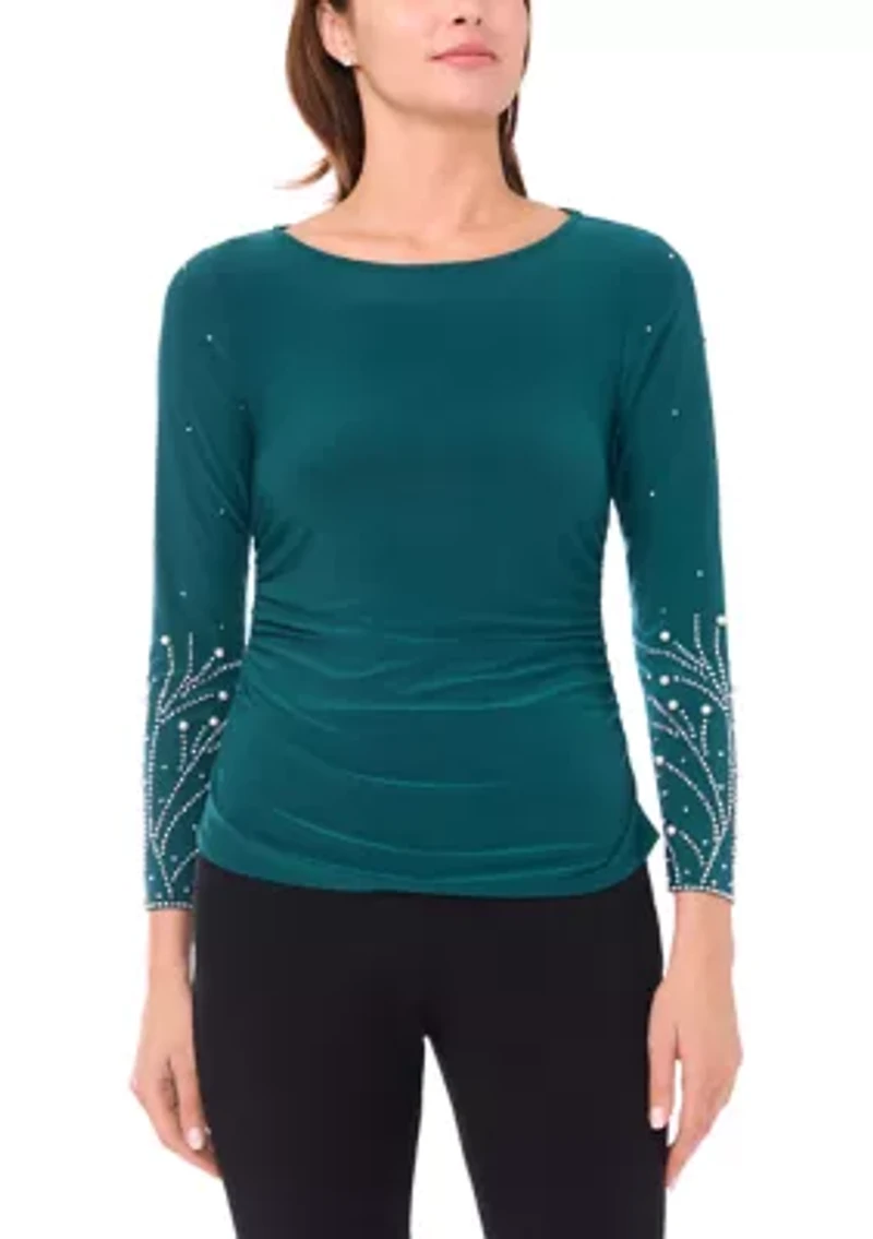 Women's Side Ruched Top with Beaded Sleeves