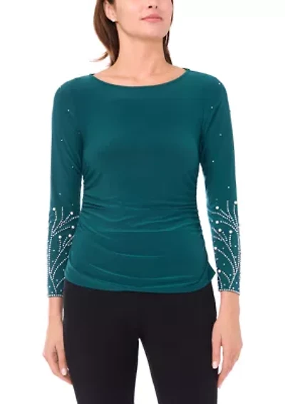 Women's Side Ruched Top with Beaded Sleeves
