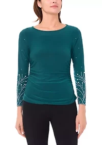 Women's Side Ruched Top with Beaded Sleeves